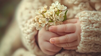 Wall Mural -   A photo of a child's close-up hand holding a small white flower on a knitted sweater with a crochet pattern