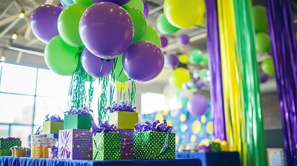 Wall Mural -   A spacious room adorned with numerous balloons and an array of presents atop a vibrant blue table, decorated with shades of purple, green, and yellow