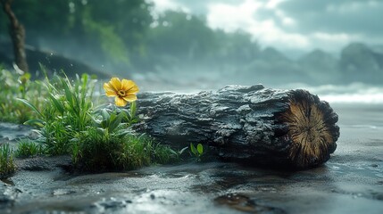 Poster - Yellow Flower on a Log by the Beach