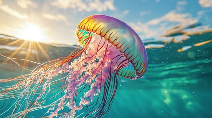 Sticker -   A jellyfish swims in the ocean with the sun shining through water's bubbles