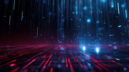 Poster - Abstract digital background with glowing red and blue lines and particles, creating a futuristic atmosphere.