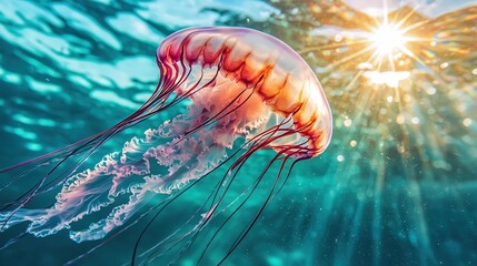   A jellyfish swimming in the ocean with the sun shining through the water's backdrop