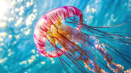 Sticker -   A close-up photo of a jellyfish floating in a body of water with the sun illuminating its head