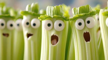 Poster - A group of celery with eyes and mouths made out of food, AI