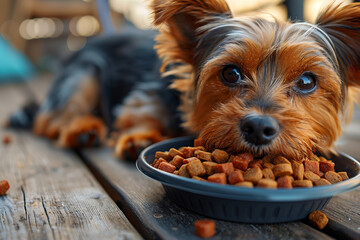 Photo of happy domestic pet eating organic tasty food generative ai