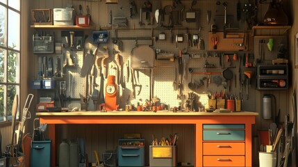 Aufkleber - A well-equipped workshop with an orange workbench and various tools and storage