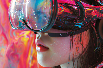 Poster - Fashion model person wearing futuristic shiny glamorous VR goggles watching cyberpunk video, Generative AI