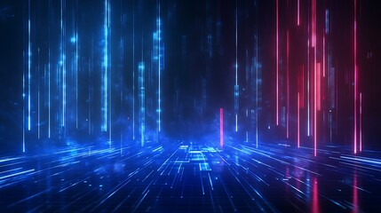 Poster - abstract digital landscape with glowing lines in blue and red, creating a futuristic atmosphere.