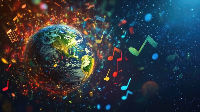 Vividly colored notes floating around a world globe, symbolizing music's universal reach on International Music Day.