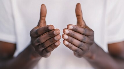 Close-up of dark-skinned hands cupped together in a gesture of offering or care, contrasting against the white shirt of the person