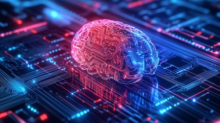 Brain, technology and neon circuit board with data for future engineering, cyber security or geometric programming. Ai research, learning and neuro for thinking patterns connection or dementia study 