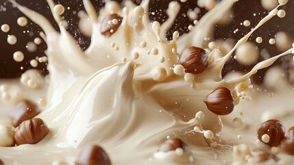 Canvas Print -   A detailed shot of a milkshake with nuts spilling out and milk cascading onto it