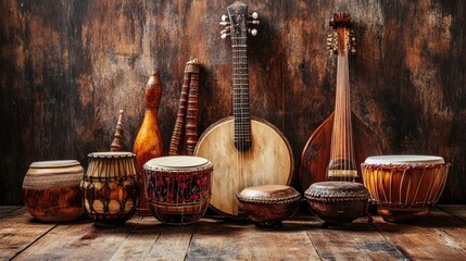 High-resolution shot of traditional world instruments such as a sitar, djembe, and balalaika, symbolizing global music unity.