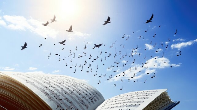Musical notes taking shape as birds, flying from an open music book under a bright sky, symbolizing freedom of expression.