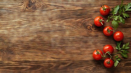 Poster -   A cluster of red tomatoes sits atop a wooden table beside a verdant plant also perched on wood