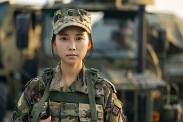 Leinwandbilder - Generated with AI photo of brave beautiful woman soldier fighting war