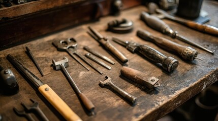 Poster - A Collection of Vintage Tools on a Wooden Workbench