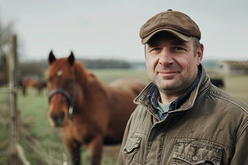 Wall Mural - Generated with AI technology picture of mature man farmer with animals