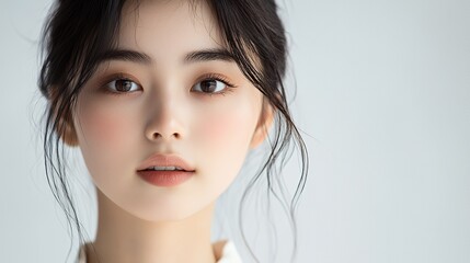 Wall Mural - Close-up portrait of a young woman with dark hair and a soft smile. Her eyes are looking directly at the camera, and she has a natural glow to her skin.