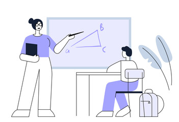 Woman teacher standing and pointer at blackboard in classroom. School class interior. Education concept.