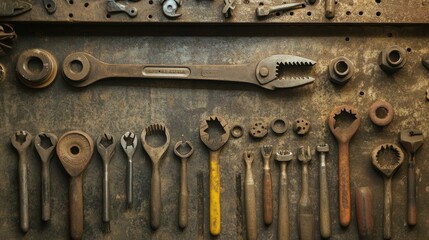 Poster - Assortment of Old Rusty Wrenches and Tools Hanging on a Metal Wall