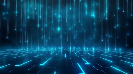 Poster - futuristic abstract blue digital background with glowing lines and light effects.