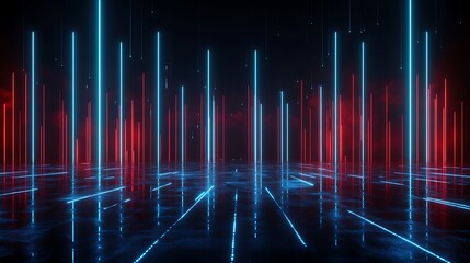 Poster - futuristic background with glowing blue and red vertical lines on a dark floor, perfect for digital 