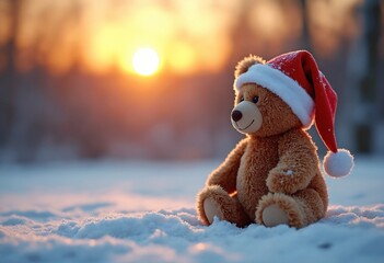 Sticker - Teddy bear in santa hat sitting in snow at sunset