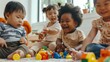 © night - A group of diverse toddlers play with colorful blocks in a daycare setting.