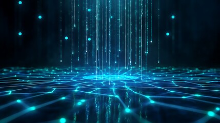 Poster - futuristic blue digital background with glowing lines and particles creating an immersive atmosphere