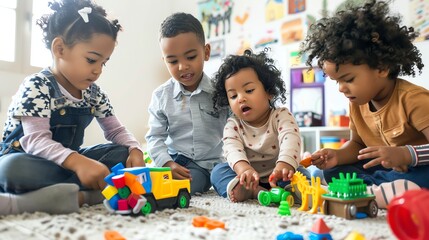 four young children play with toys on the floor.