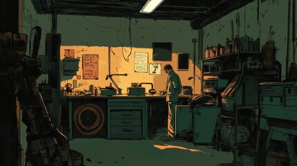 Aufkleber - Man in a dimly lit workshop, working at a workbench with a toolbox and shelves in the background