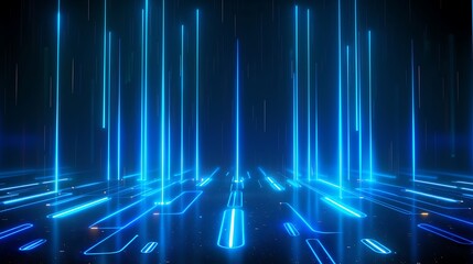 Poster - futuristic blue light beams create an abstract digital landscape with glowing lines on a dark backgr