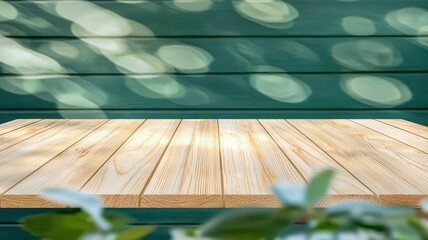 Poster - Sunlit Wooden Table with Leaf Pattern Background