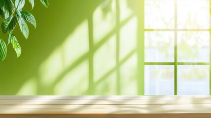 Poster - Leaf Shadows on Green Wall with Wooden Table Background