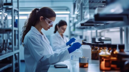 Poster - women scientists conducting experiments in a modern laboratory with glassware and chemical substance