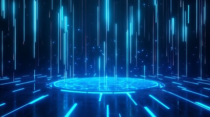 Poster - futuristic digital backdrop with glowing blue lines and particles, creating a sci-fi ambiance.