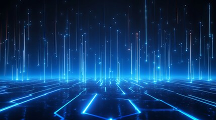 Poster - futuristic digital backdrop with glowing blue lines and vertical light rays creating an abstract tec
