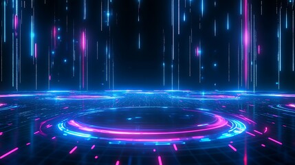 Poster - futuristic digital background with glowing circles and lines in vibrant pink and blue colors, suitab