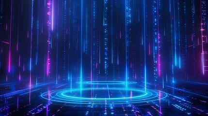 Poster - Futuristic digital background with vibrant blue and purple lights, creating a mesmerizing and immersive atmosphere.