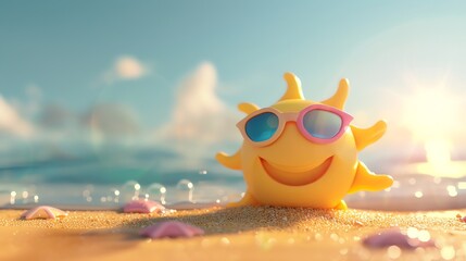 a cartoon sun wearing sunglasses sits on a sandy beach.