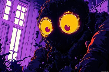 Poster - Surreal Abstract Creature with Glowing Eyes in a Purple Room