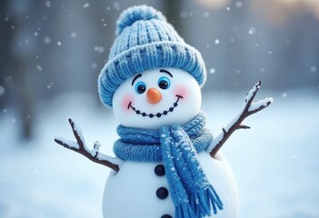 Sticker - A snowman with a blue hat and scarf is smiling