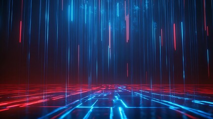 Poster - futuristic digital landscape featuring glowing blue and red lines, creating a holographic effect on 