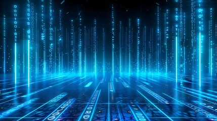Poster - futuristic digital landscape featuring glowing blue lines and data streams on a dark background.