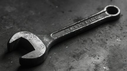 Poster - Close-up of an Old, Rusty Wrench on a Rough, Black Surface