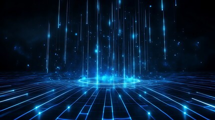 Poster - Futuristic digital landscape with blue glowing lines and particles, creating a sense of depth and movement.