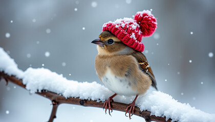 Wall Mural - A small bird wearing a red hat is standing on a snowy branch