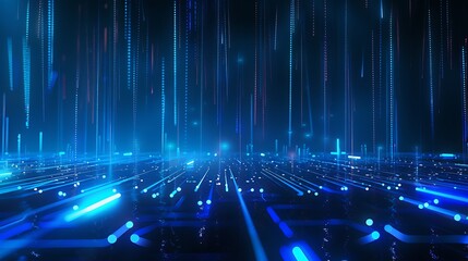 Poster - futuristic digital landscape with blue neon lines and glowing particles in motion on a dark backgrou