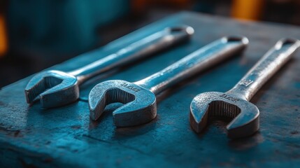 Aufkleber - Three Wrenches on a Blue Metal Surface